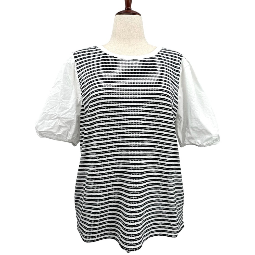 Talbots Knit Blouse Short Puff Sleeves White & Black Stripe Stretch Women's XL